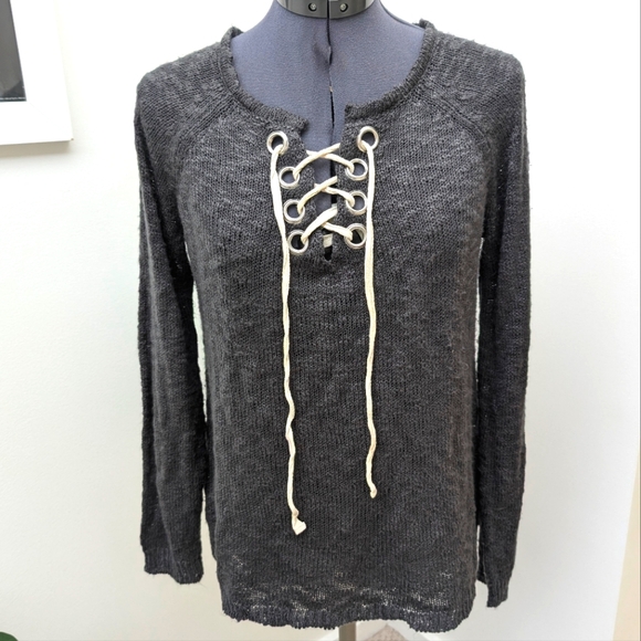 Large women's knit sweater with grommets and lace up neckline Fairy grunge - Picture 1 of 6